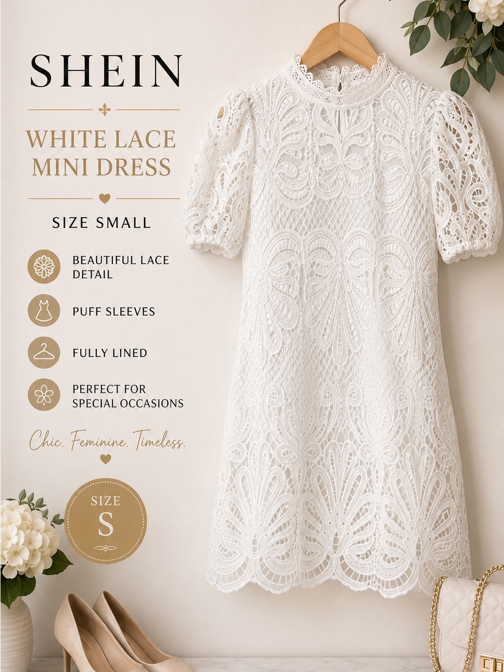 White Lace Mock Neck Mini Dress Size Small